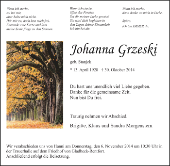 Traueranzeige von Johanna Grzeski von Tageszeitung