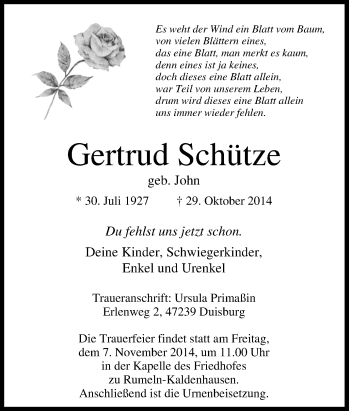 Traueranzeige von Gertrud Schütze von Tageszeitung