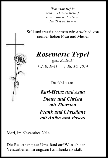 Traueranzeige von Rosemarie Tepel von Tageszeitung