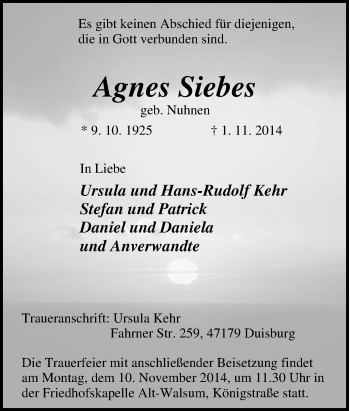 Traueranzeige von Agnes Siebes von Tageszeitung
