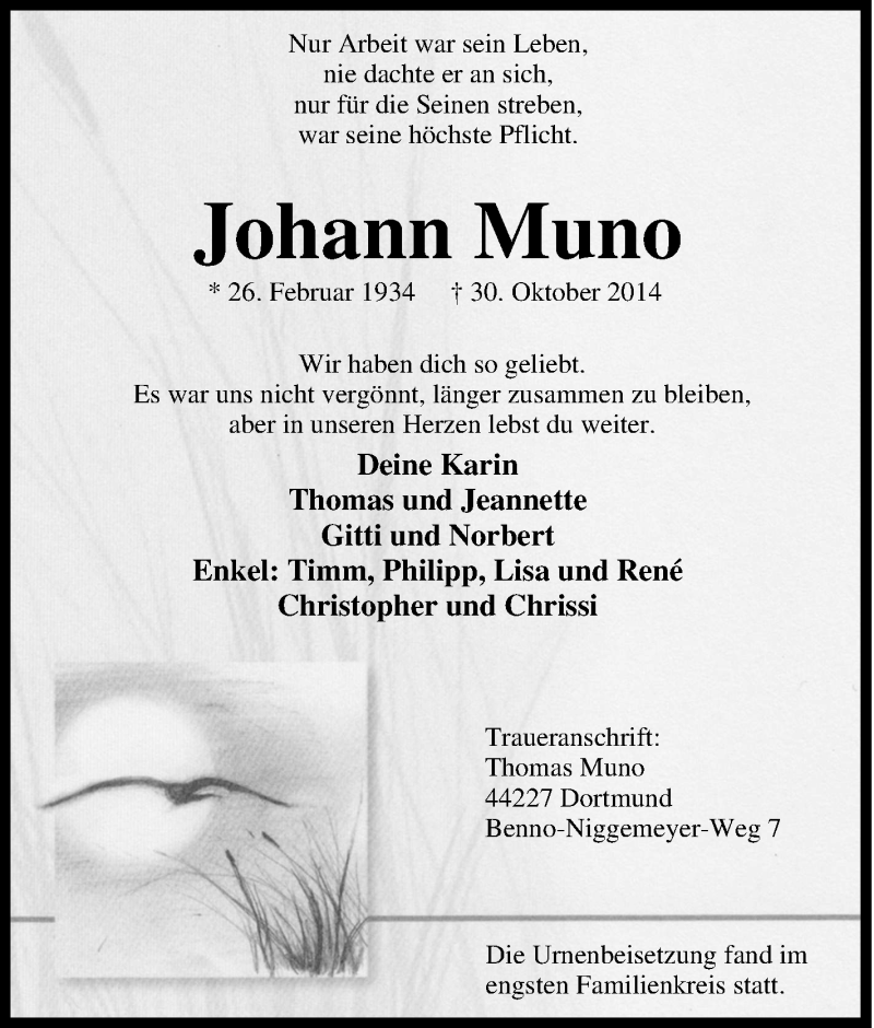  Traueranzeige für Johann Muno vom 08.11.2014 aus Tageszeitung