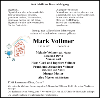 Traueranzeige von Mark Vollmer von Tageszeitung