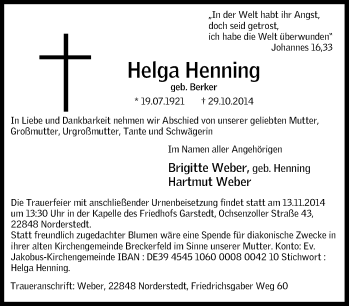 Traueranzeige von Helga Henning von Tageszeitung