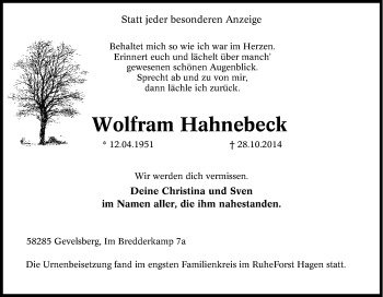 Traueranzeige von Wolfram  Hahnebeck von Tageszeitung