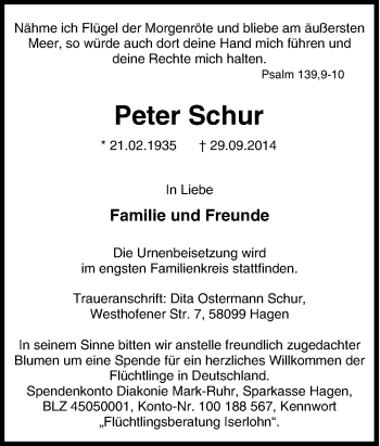 Traueranzeige von Peter Schur von Tageszeitung