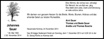 Traueranzeige von Johannes Sauer von Tageszeitung