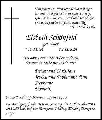 Traueranzeige von Ebeth Schönfeld von Tageszeitung