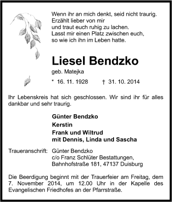 Traueranzeige von Liesel Bendzko von Tageszeitung