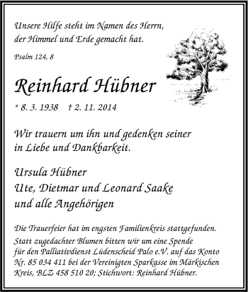 Traueranzeige von Reinhard Hübner von Tageszeitung