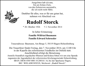 Traueranzeige von Rudolf Storck von Tageszeitung