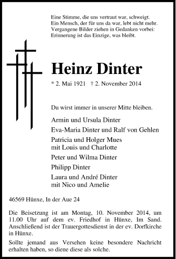Traueranzeige von Heinz Dinter von Tageszeitung