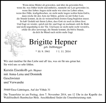 Traueranzeige von Brigitte Hepner von Tageszeitung