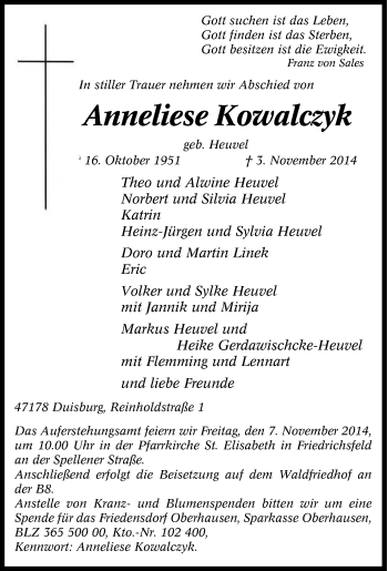 Traueranzeige von Anneliese Kowalczyk von Tageszeitung