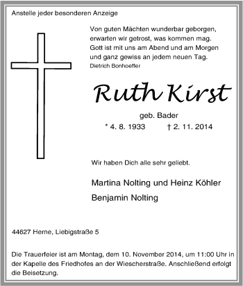 Traueranzeige von Ruth Kirst von Tageszeitung