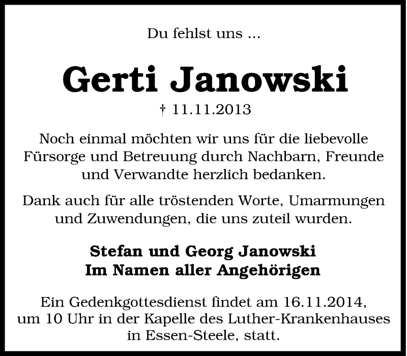  Traueranzeige für Gerti Janowski vom 11.11.2014 aus Tageszeitung