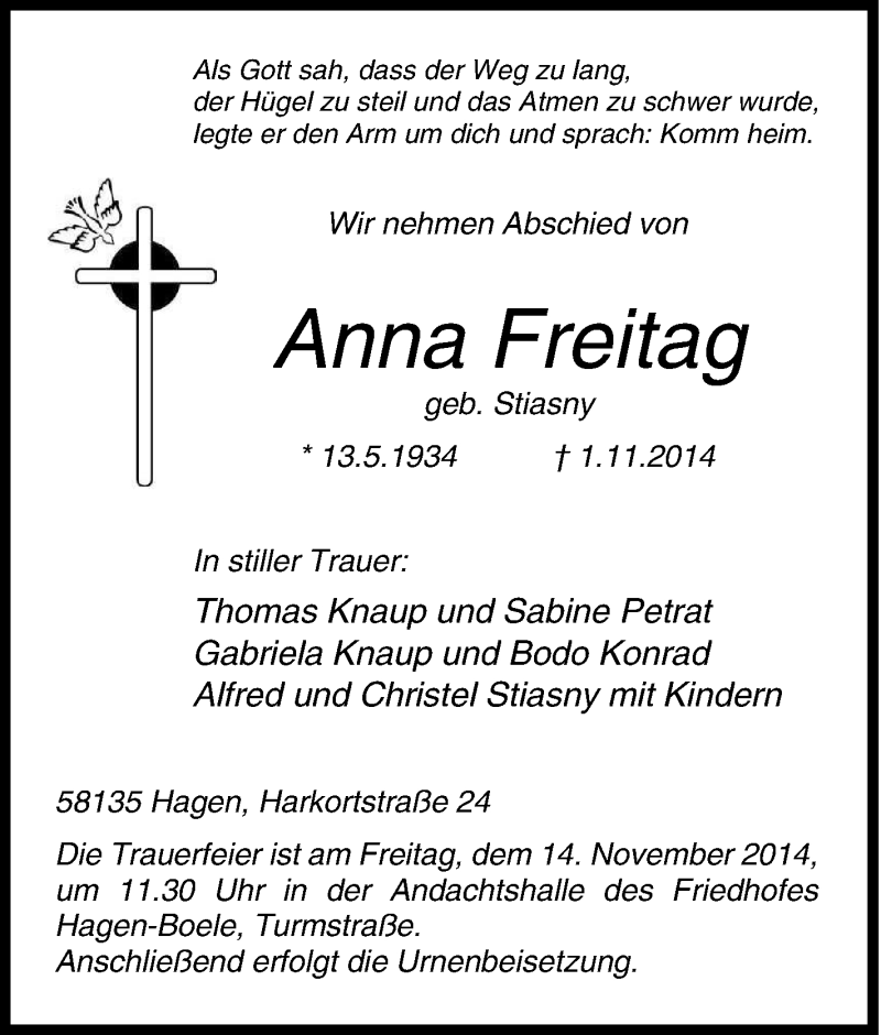  Traueranzeige für Anna Freitag vom 08.11.2014 aus Tageszeitung