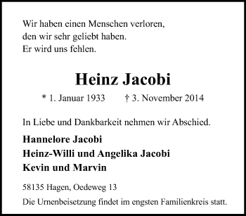 Traueranzeige von Heinz Jacobi von Tageszeitung