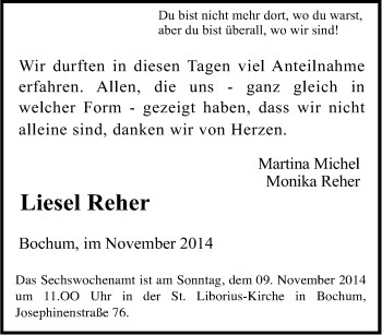 Traueranzeige von Liesel Reher von Tageszeitung