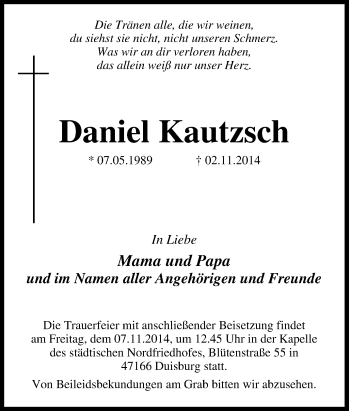Traueranzeige von Daniel  Kautzsch von Tageszeitung