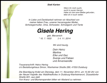 Traueranzeige von Gisela Hering von Tageszeitung