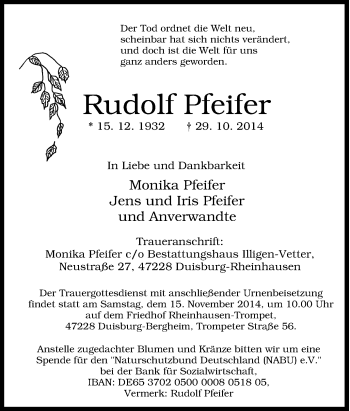 Traueranzeige von Rudolf Pfeifer von Tageszeitung