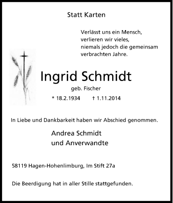 Traueranzeige von Ingrid Schmidt von Tageszeitung