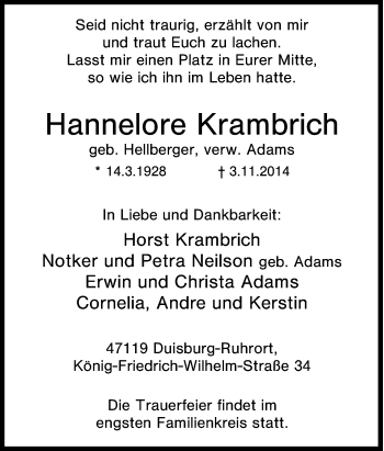 Traueranzeige von Hannelore  Krambrich von Tageszeitung