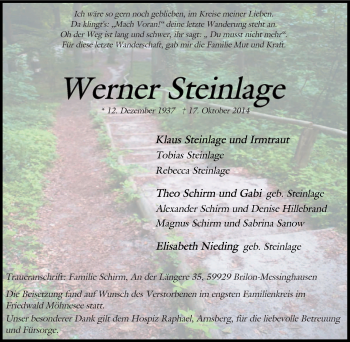 Traueranzeige von Werner Steinlage von Tageszeitung