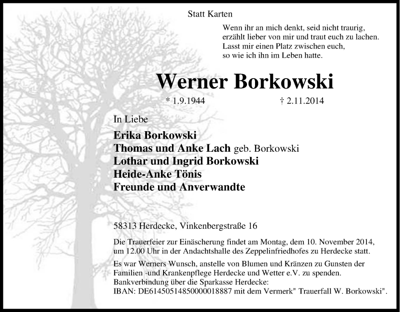 Traueranzeige für Werner Borkowski vom 07.11.2014 aus Tageszeitung