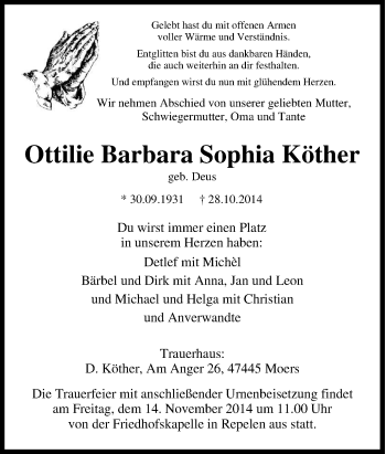 Traueranzeige von Ottilie Barbara Sophia  Köther von Tageszeitung