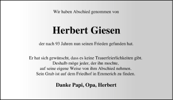 Traueranzeige von Herbert Giesen von Tageszeitung