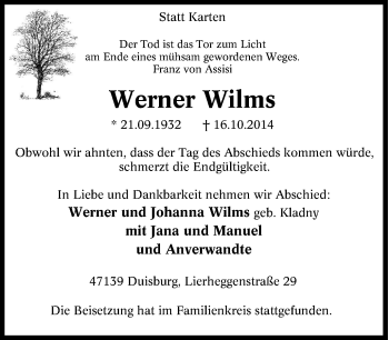 Traueranzeige von Werner Wilms von Tageszeitung
