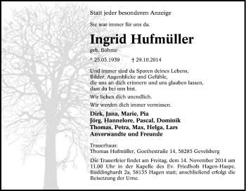 Traueranzeige von Ingrid Hufmüller von Tageszeitung