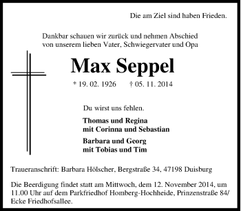 Traueranzeige von Max Seppel von Tageszeitung