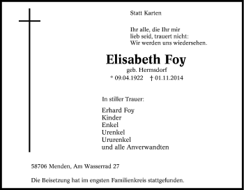Traueranzeige von Elisabeth Foy von Tageszeitung