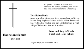 Traueranzeige von Hannelore Schulz von Tageszeitung