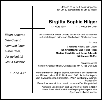 Traueranzeige von Birgitta Sophie Hilger von Tageszeitung