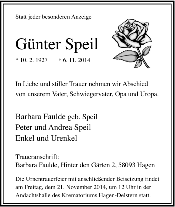 Traueranzeige von Günter Speil von Tageszeitung
