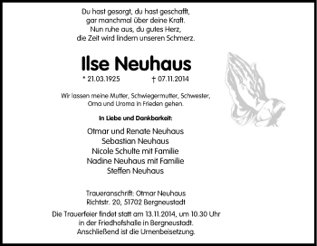 Traueranzeige von Ilse Neuhaus von Tageszeitung