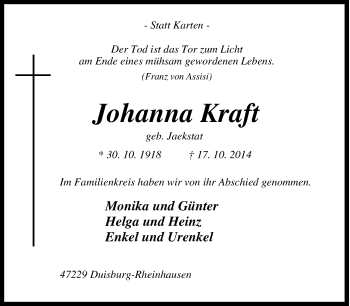 Traueranzeige von Johanna Kraft von Tageszeitung