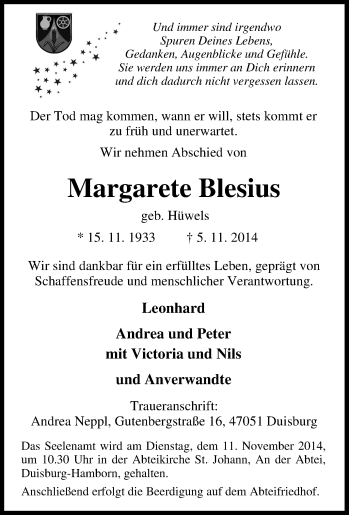 Traueranzeige von Margarete Blesius von Tageszeitung