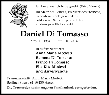 Traueranzeige von Daniel  Di Tomasso von Tageszeitung