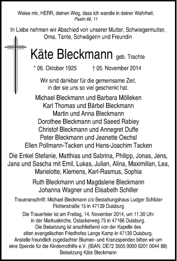 Traueranzeige von Käte Bleckmann von Tageszeitung