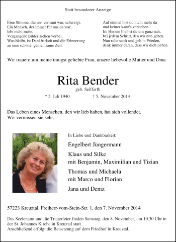 Traueranzeige von Rita Bender von Tageszeitung