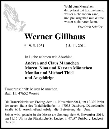 Traueranzeige von Werner Gillhaus von Tageszeitung