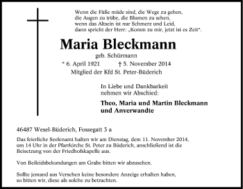 Traueranzeige von Maria Bleckmann von Tageszeitung