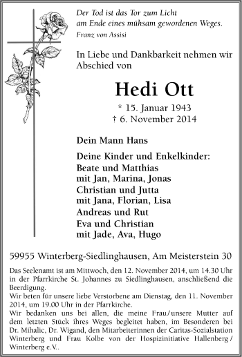 Traueranzeige von Hedi Ott von Tageszeitung