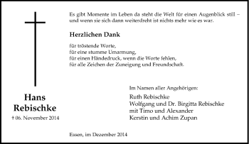 Traueranzeige von Hans Rebischke von Tageszeitung
