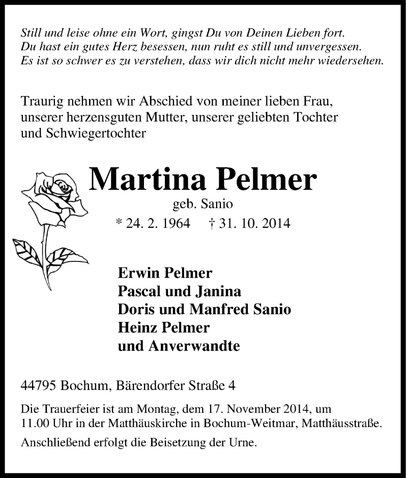  Traueranzeige für Martina Pelmer vom 13.11.2014 aus Tageszeitung