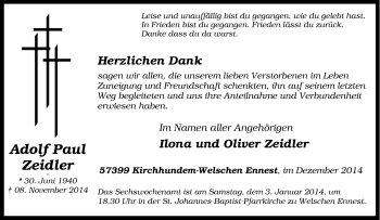 Traueranzeige von Adolf Paul Zeidler von Tageszeitung